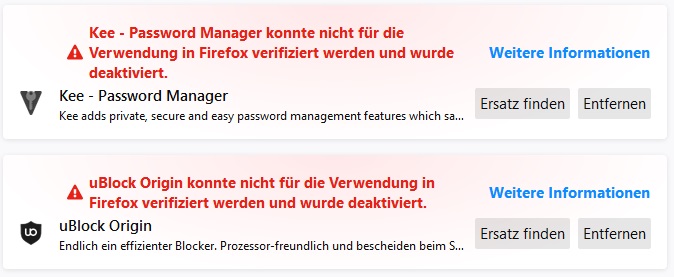 Add-On konnte nicht für die Verwendung in Firefox verifiziert werden und wurde deaktiviert