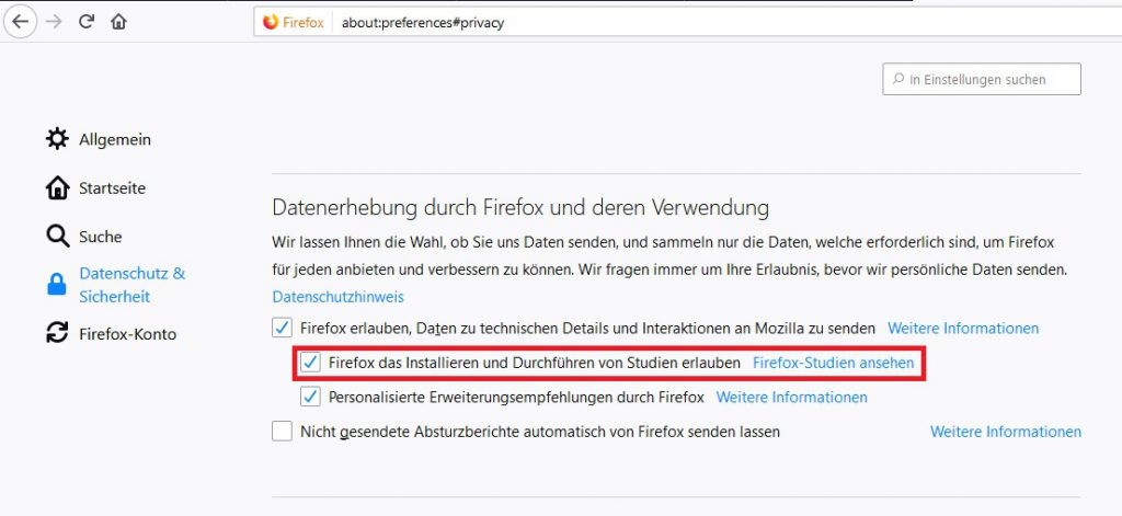 Firefox das Installieren und Durchführen von Studien erlauben