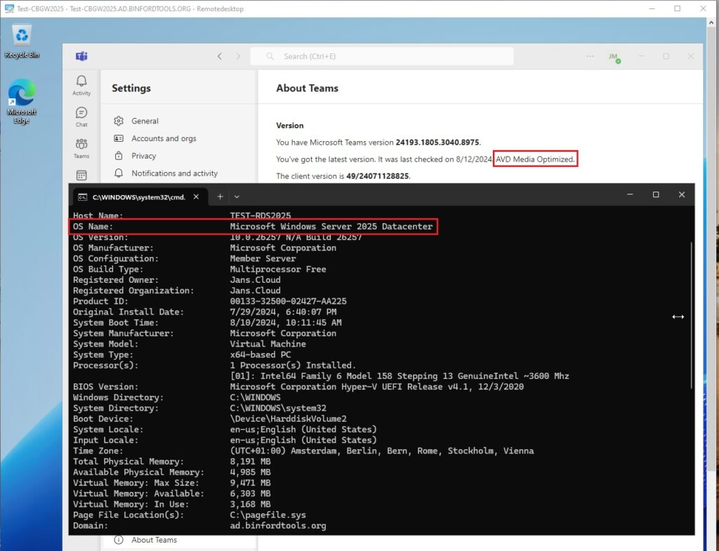 RDP Teams AVD Media Optimized Windows Server 2025
