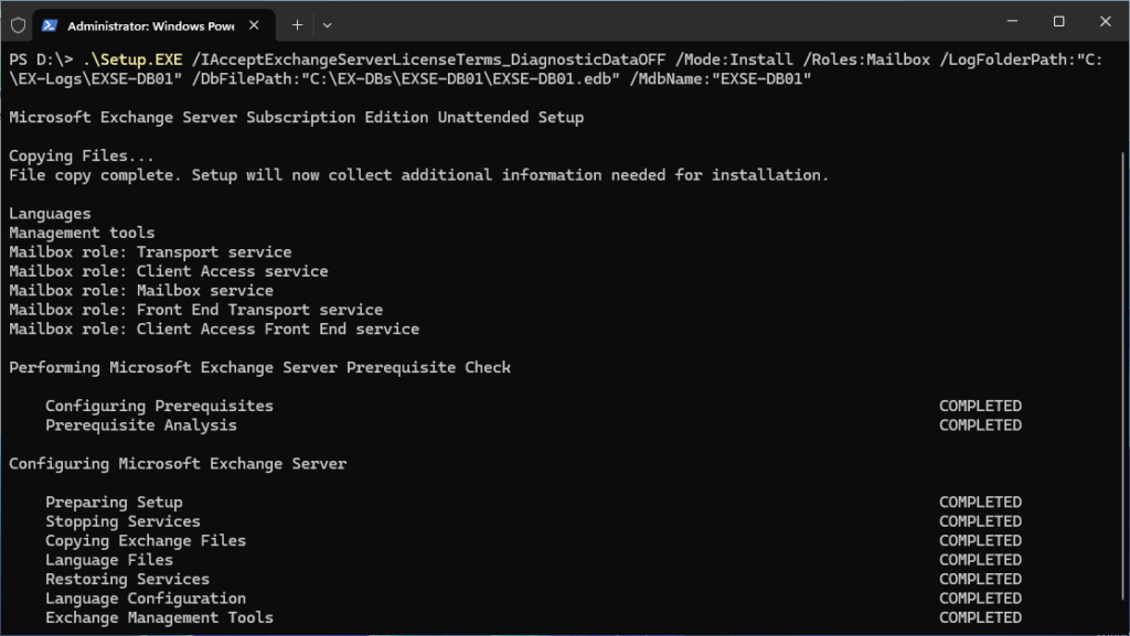 Installation Exchange Server SE RTM