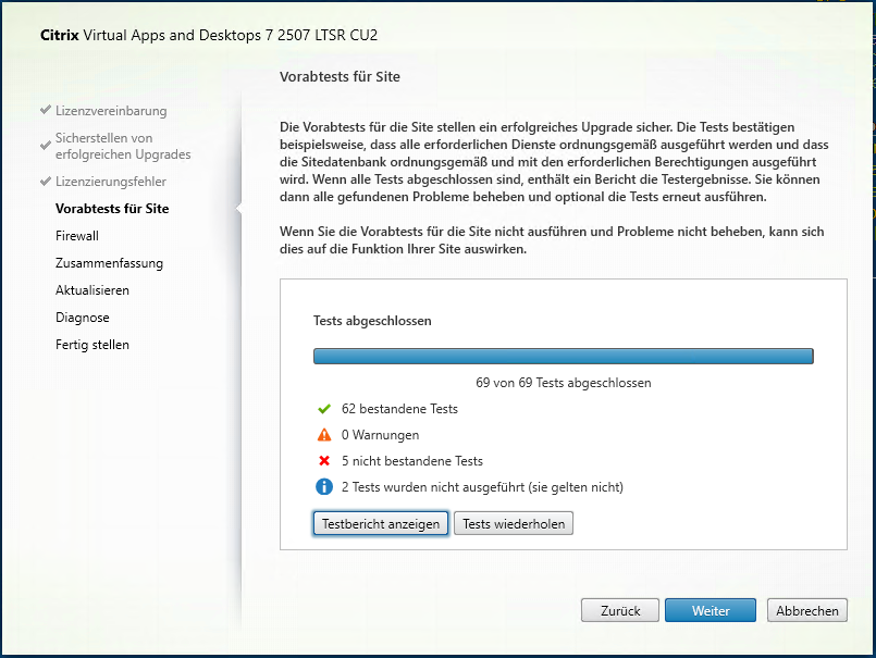CTX216685 Fehler beim Site Test vor dem Update auf Citrix Virtual Apps and Desktops LTSR 2507 CU2